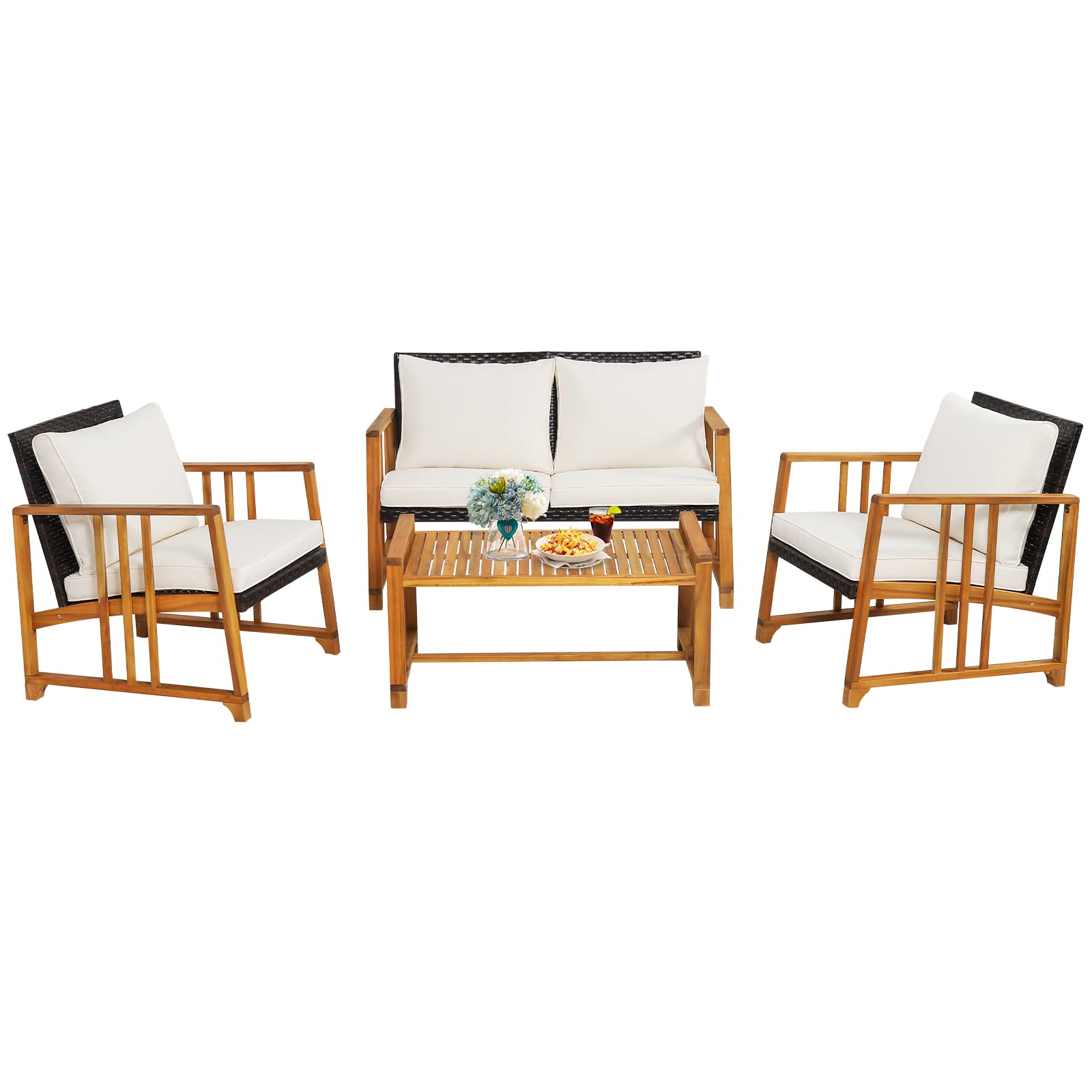 Ensemble de canapé de patio 4 pièces Tangkula, ensemble de conversation d'extérieur en rotin marron mélangé avec cadre en bois d'acacia